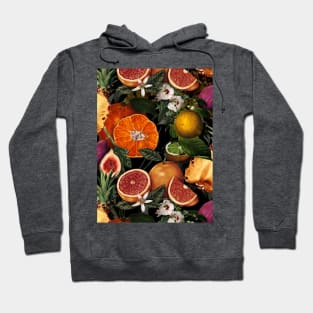 tropical pineapple and oranges botanical illustration, floral tropical fruits, black fruit pattern Hoodie